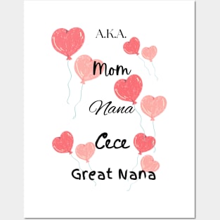 "AKA Mom Nana CeCe Grand Nana" Pink Hearts Posters and Art